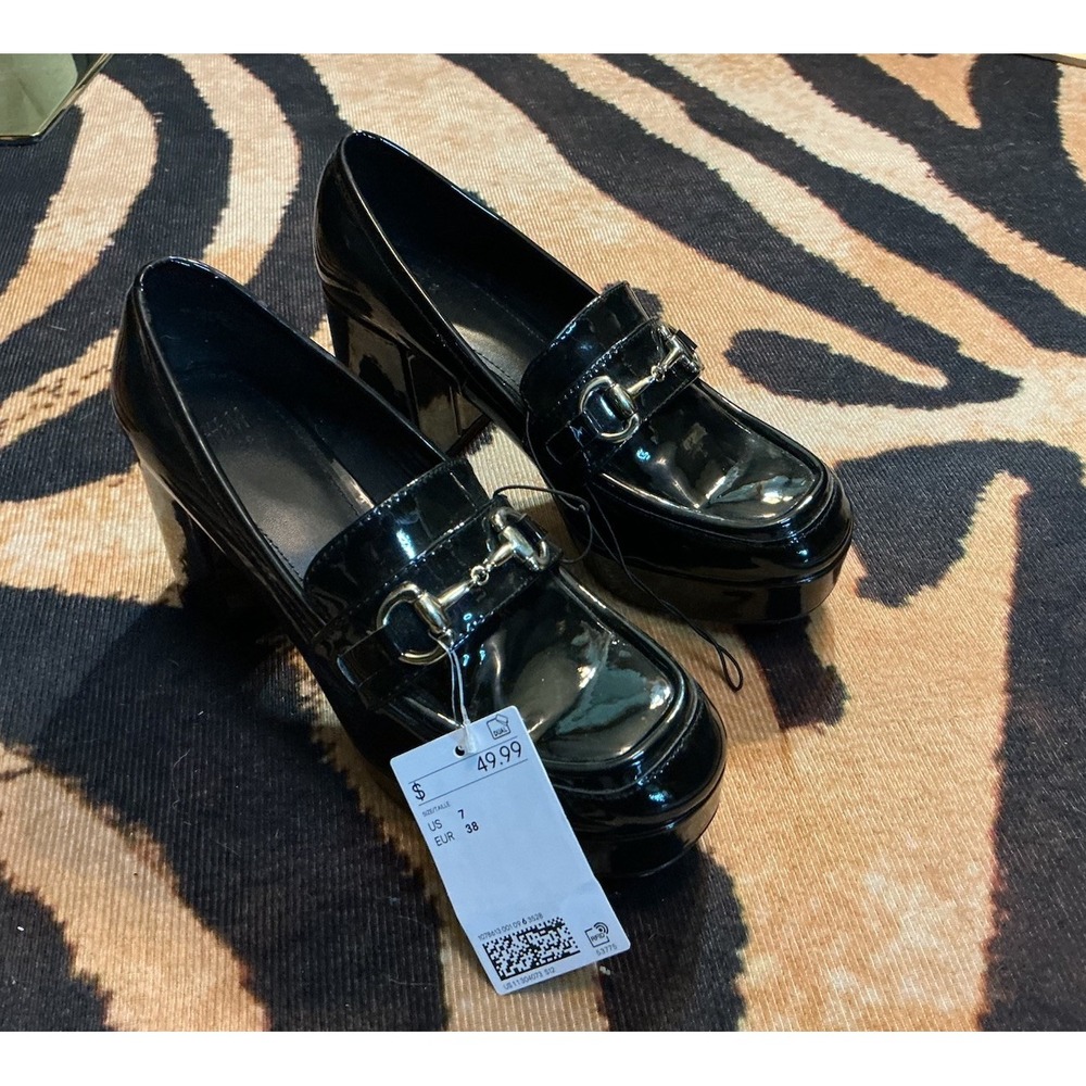 NWT H&M Black Patent Faux Leather Block Chunky Horsebit Loafer Heels